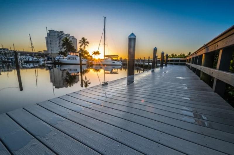 Marina boardwalk at sunset