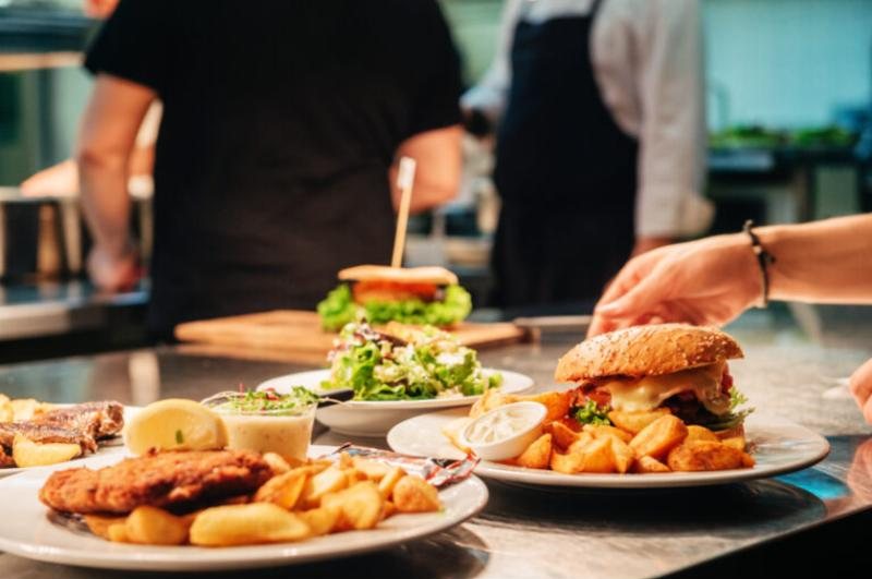 Burgers and fries ready to serve