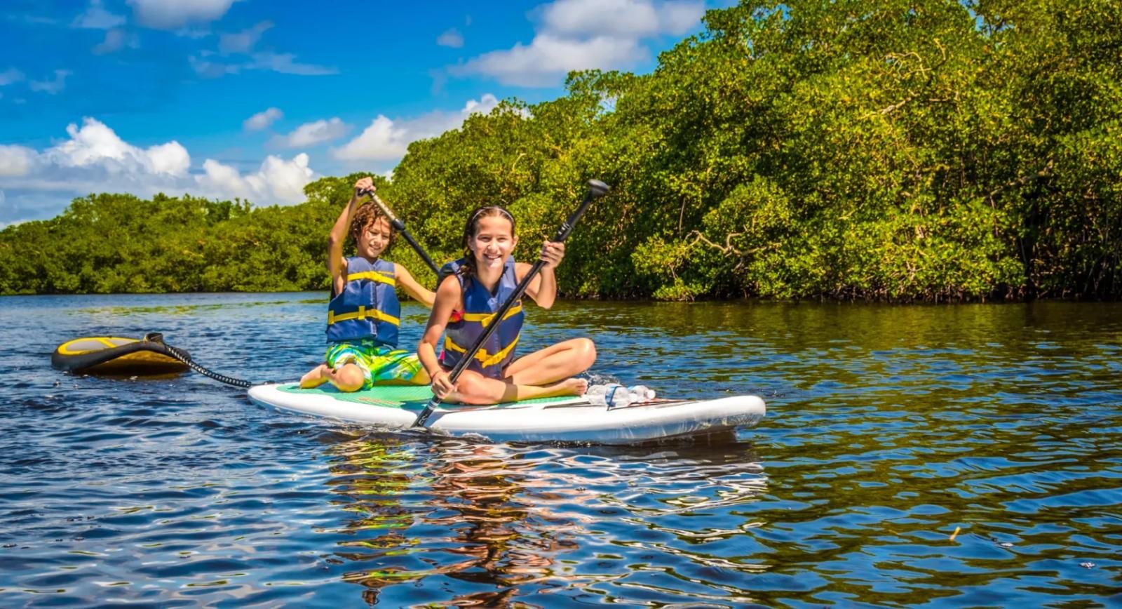 Kids paddleboarding through the mangroves in Cape Coral