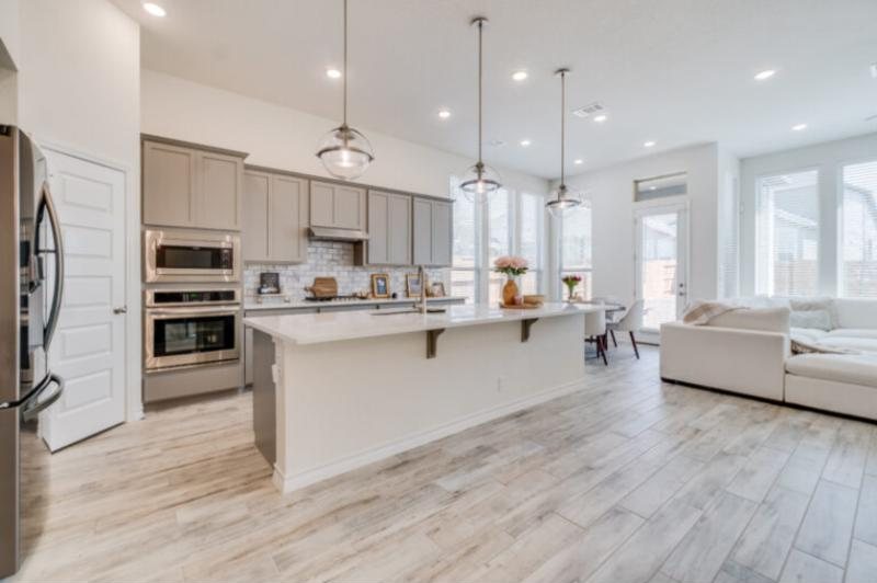 Bright open kitchen and living room in a vacation home